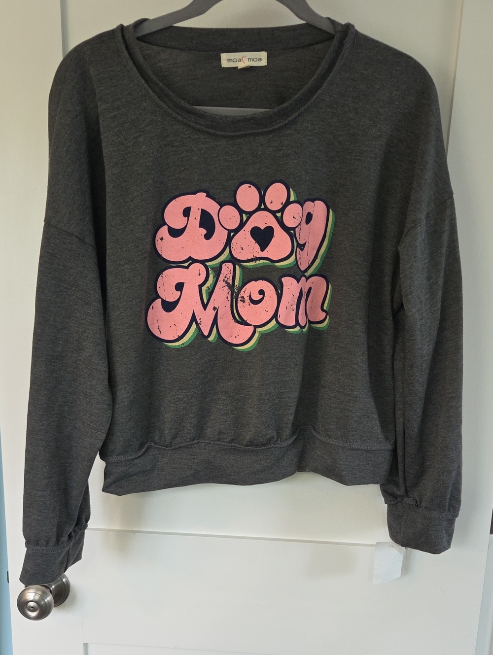 Moa Moa Dark Gray Sweatshirt with Pink and Green "Dog Mom" Graphic